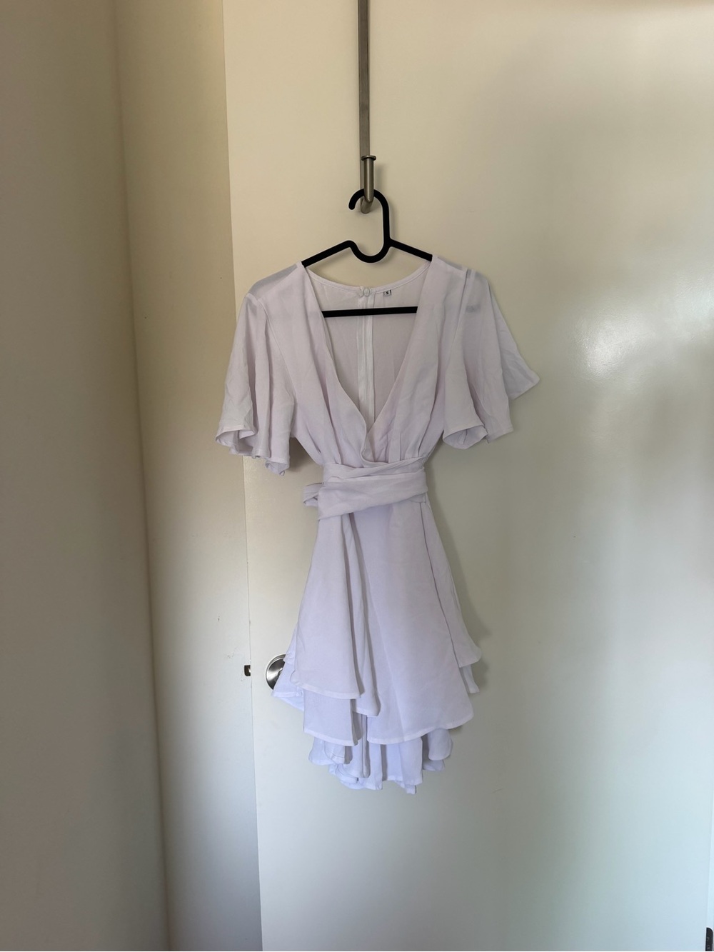 Women’s White Wrap Mini Dress with Flutter Sleeves